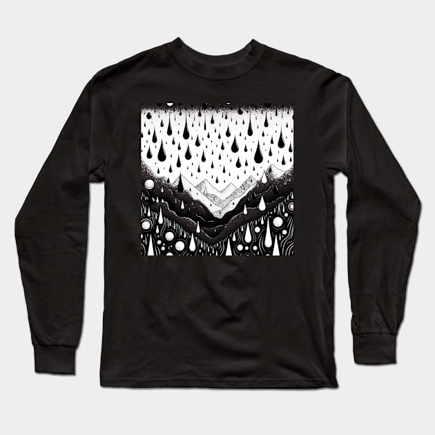 Abstract Monochromatic Mountains in Rain Drops Pattern Long Sleeve T-Shirt by TomFrontierArt